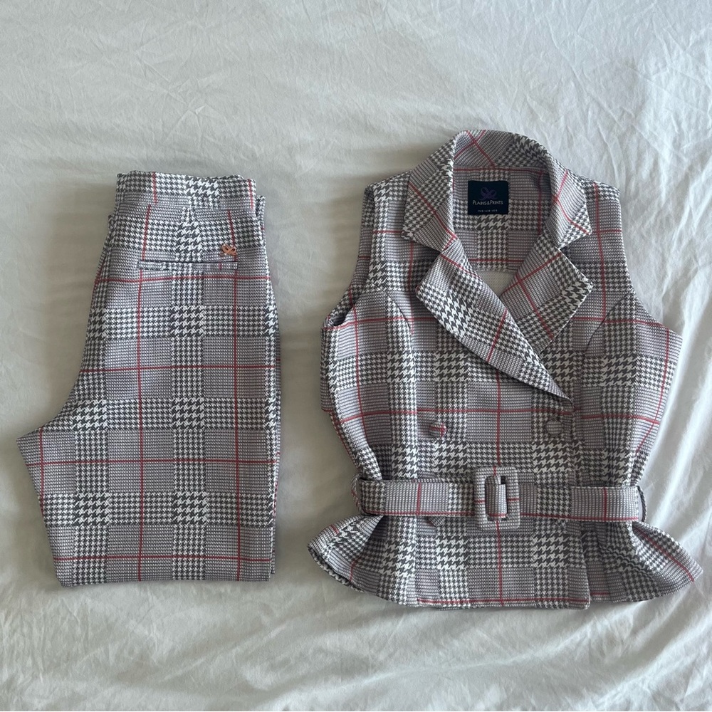Houndstooth plaid vest suit set